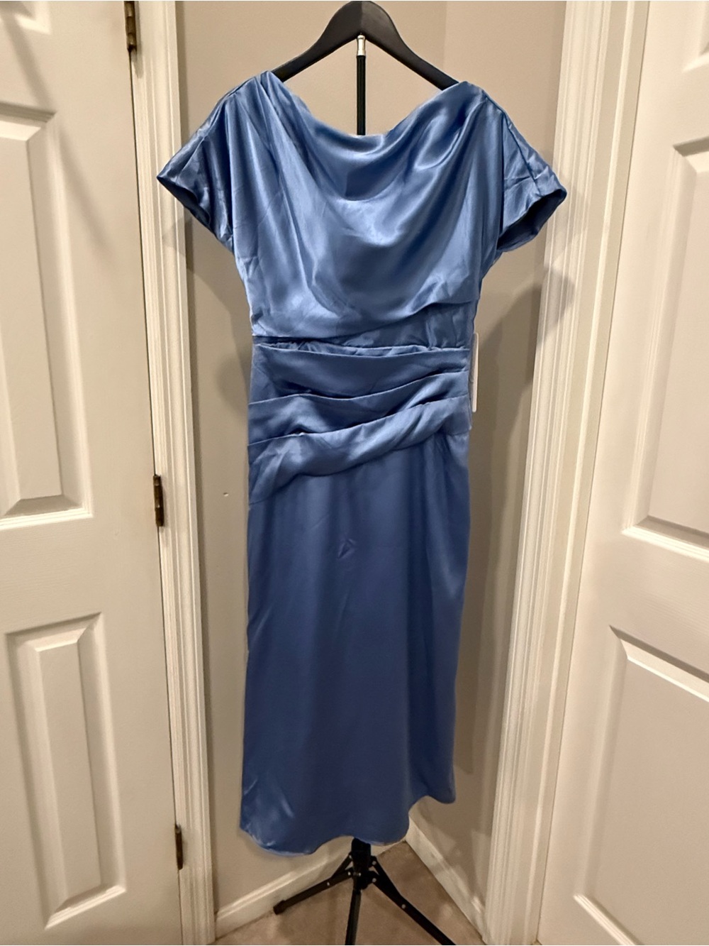 Elegant Satin Blue Cowl-Neck Midi Dress